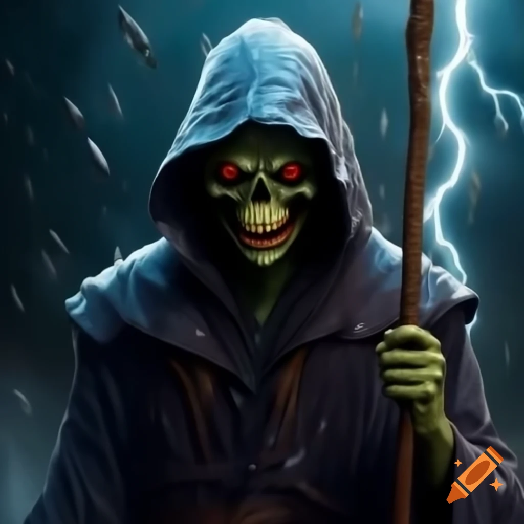 Wizard using staff to crush zombie head with rain and lightning