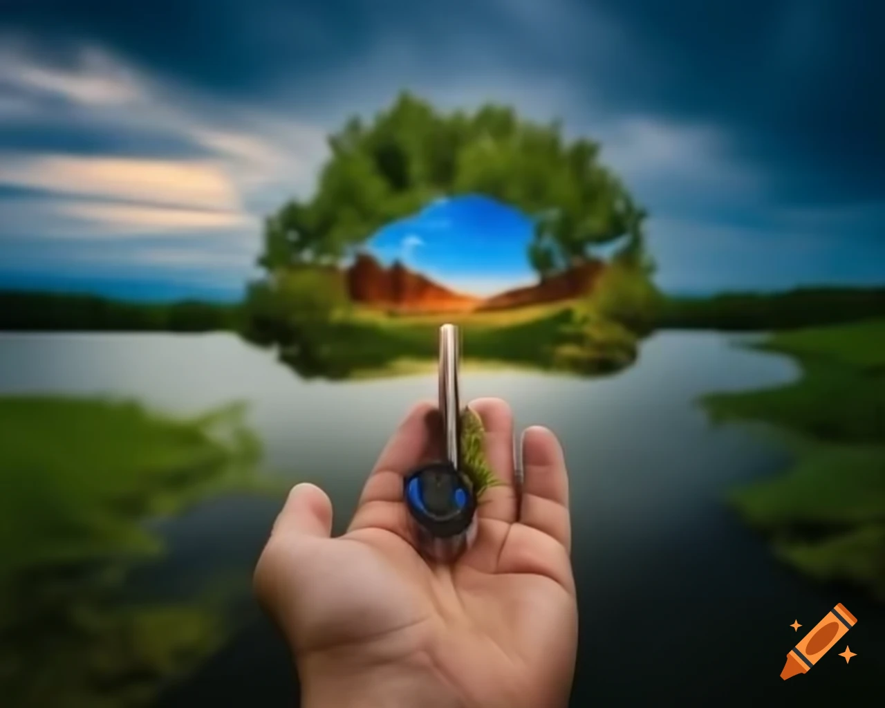 Colorful key held by female hand with beautiful landscape in the background