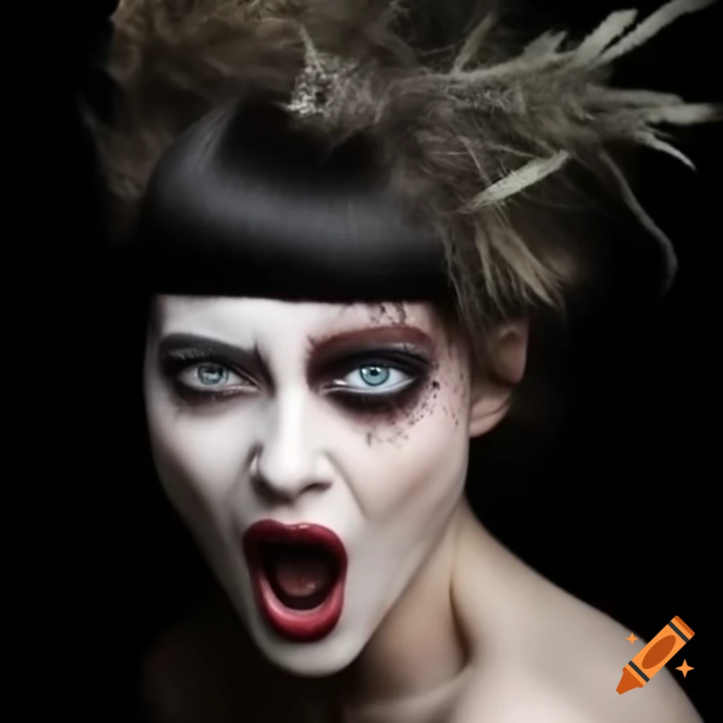Head and shoulder portrait of a woman with smudged makeup and wild hair