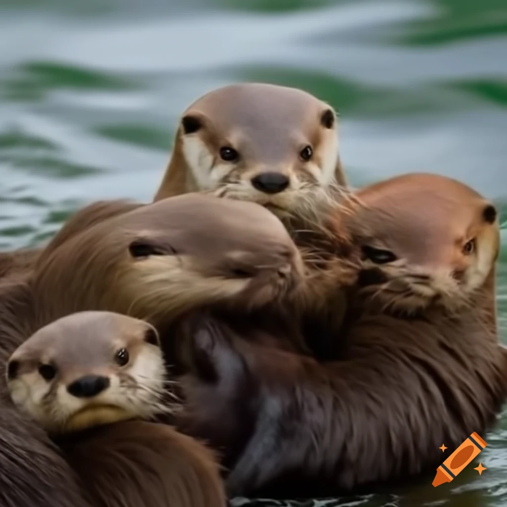 Numerous playful otters in a lively scene