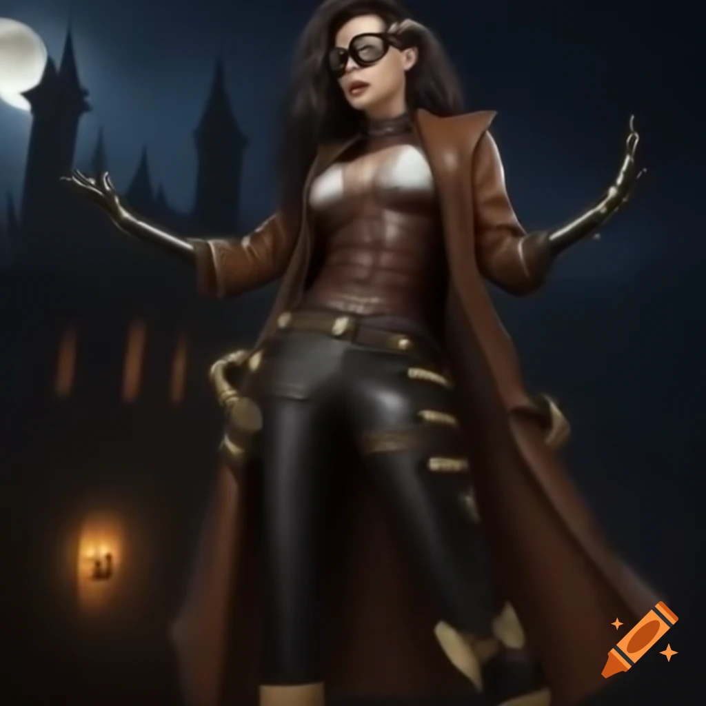 Surreal art of a woman in leather attire and iron bird mask under moonlight