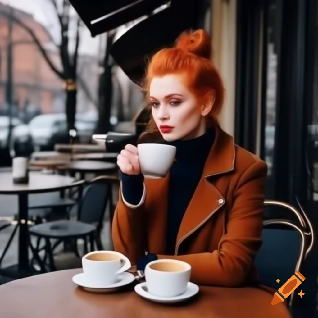 Young woman with red hair enjoying coffee at outdoor café in winter