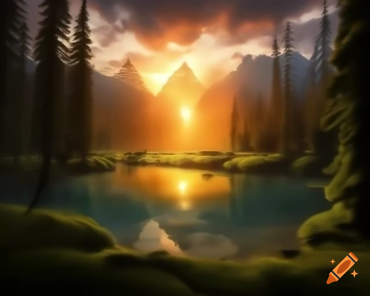 Photorealistic landscape of mountain lake with island and sun rays