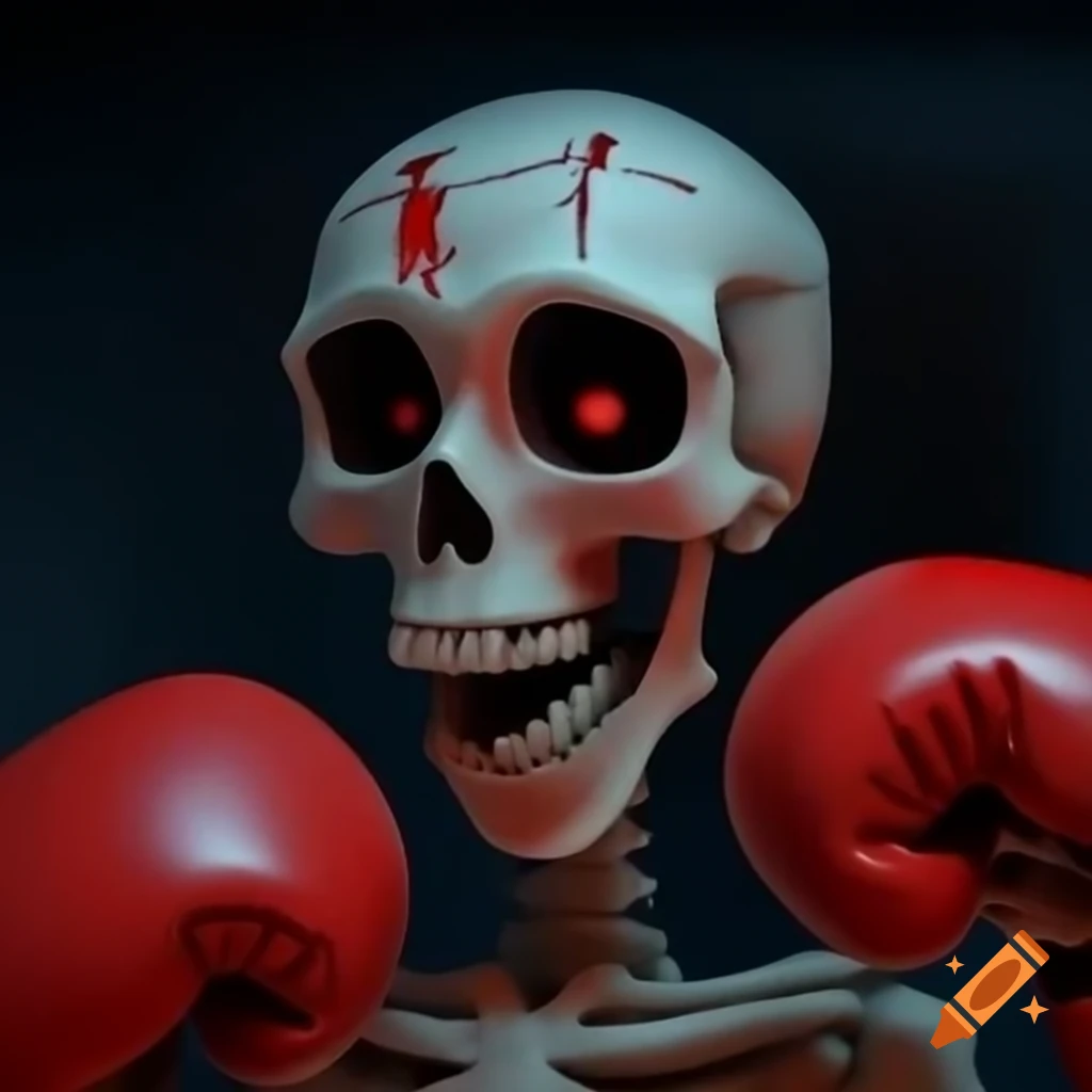 Cartoon skeleton in boxing gloves with bruised face