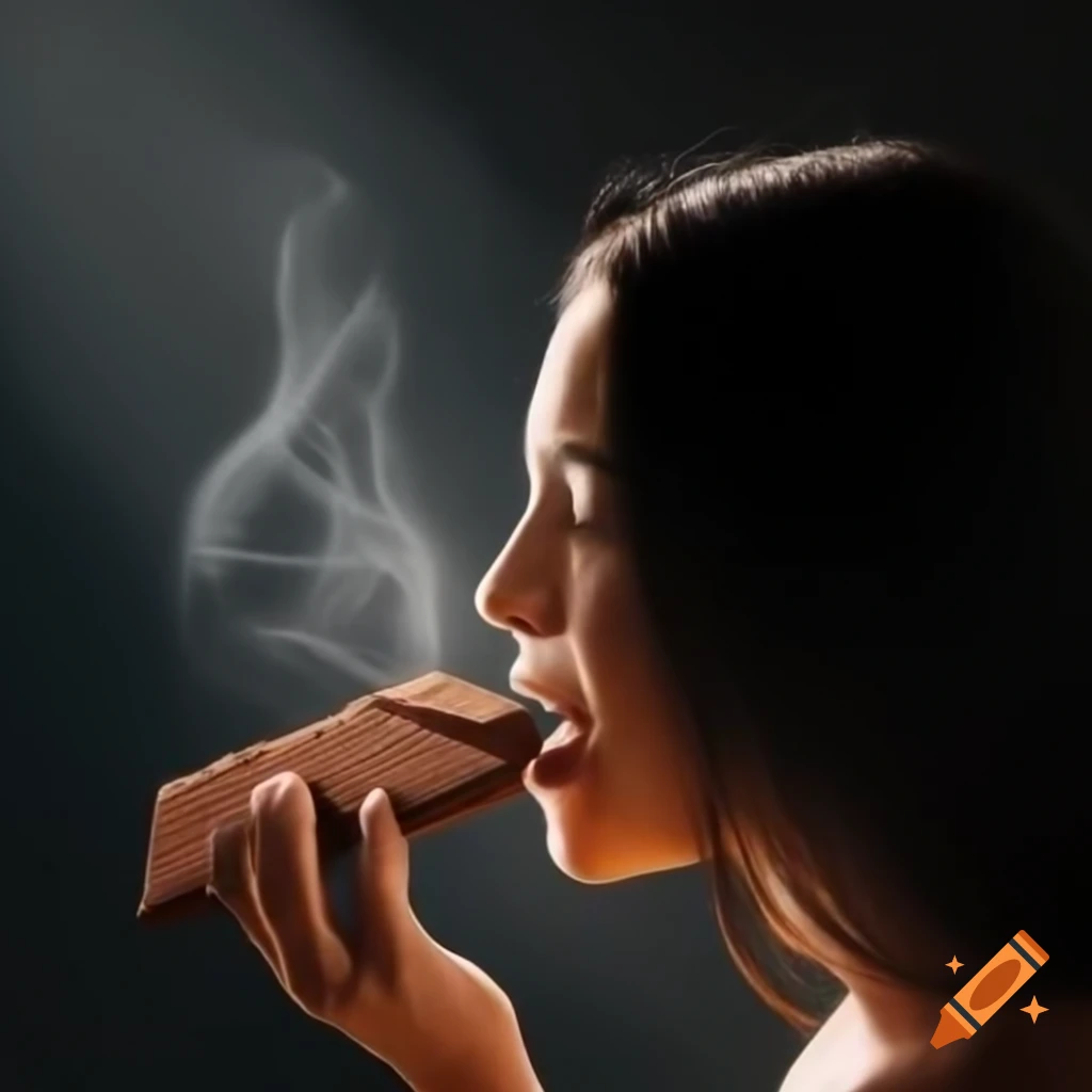 Profile view of woman enjoying a chocolate bar