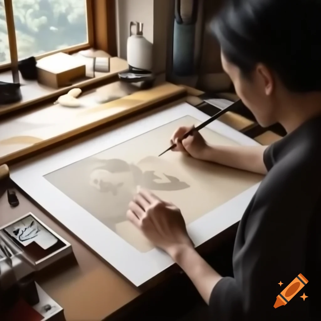Ukiyo-e woodblock print of artist-magician painting in sunlit studio