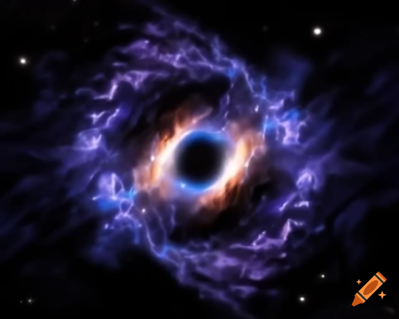 Realistic depiction of a black hole surrounded by stars in dark blue and black tones