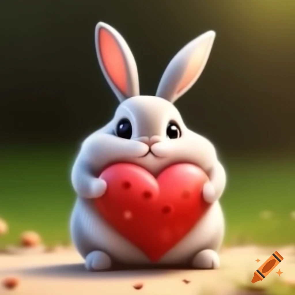 Cartoon-style bunny holding large heart, one ear straight up and one bent