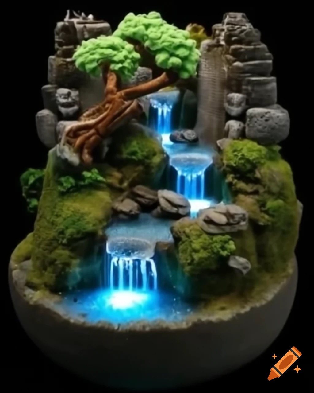 Miniature diorama of waterfall and magical tree made of crochet