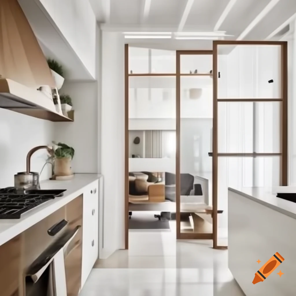Modern kitchen interior design featuring white marble floor and brick tile backsplash