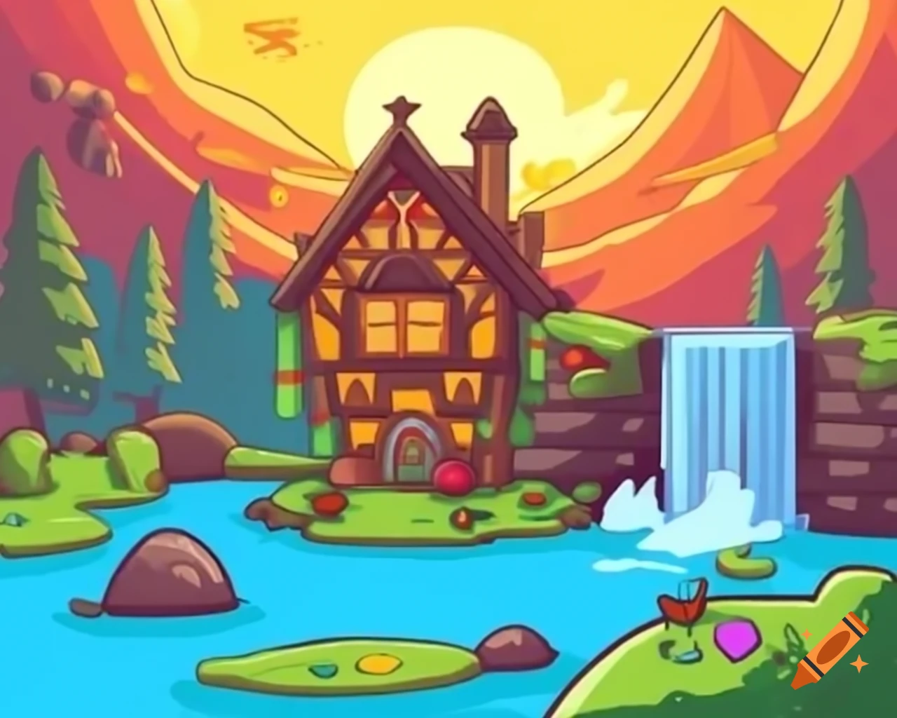 Scribblenauts style scene with waterfall, fairy house, sunset, and frogs