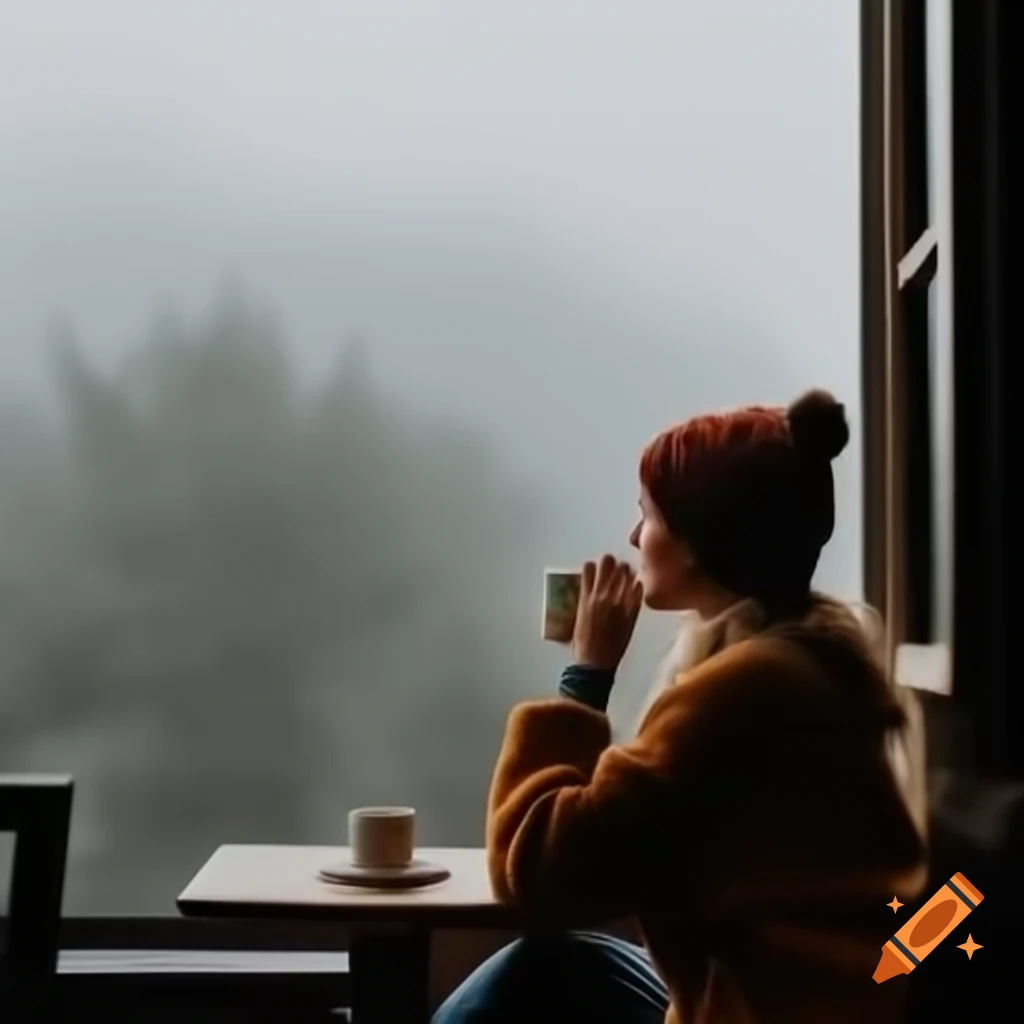 Person in warm clothes sipping coffee by window in foggy weather