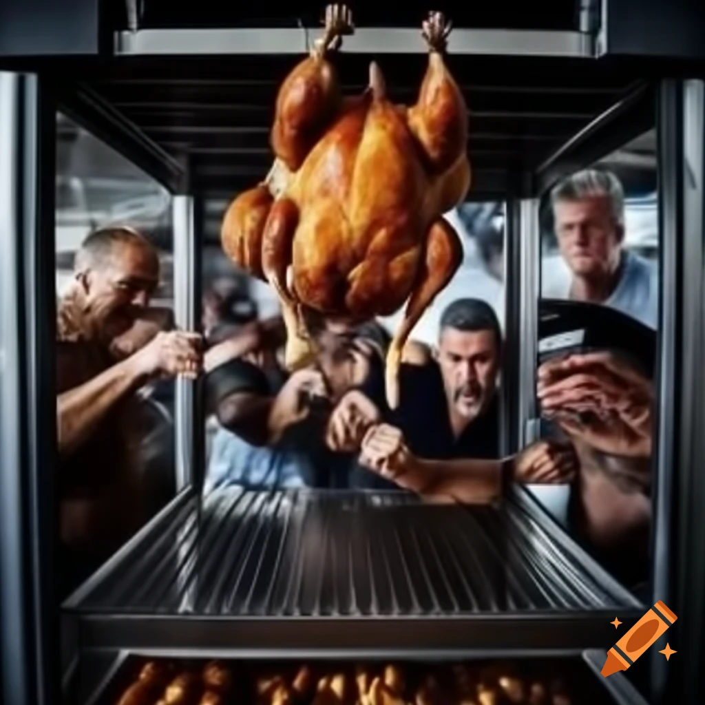 Men wrestling over a rotisserie chicken in a warehouse store
