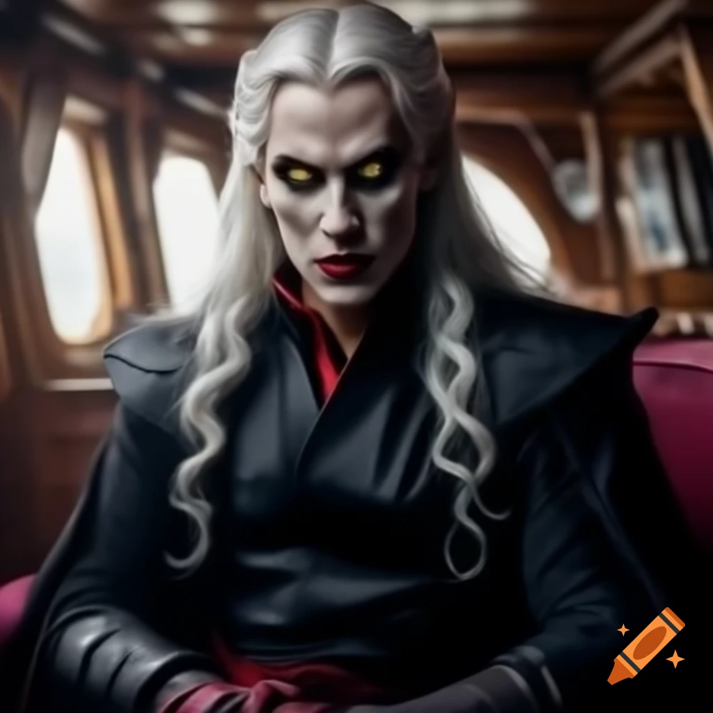 Young vampire prince with white hair and yellow eyes in black robe sitting in ship cabin