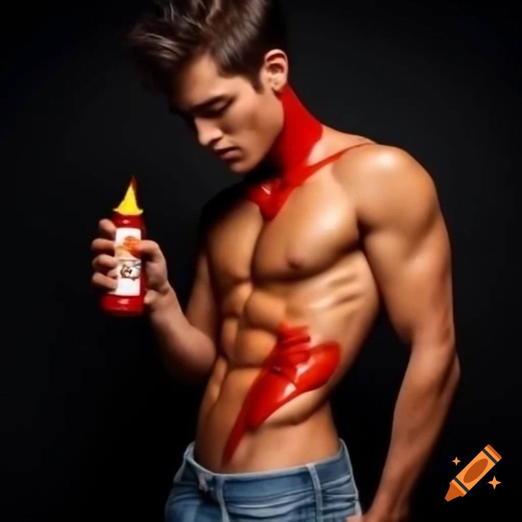Man with ketchup on abs, ketchup dripping into bottle