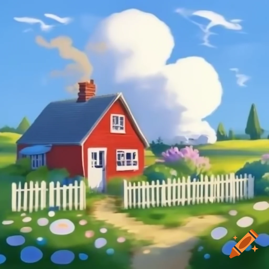 Cozy red cottage with white picket fence and flower garden under clear blue sky