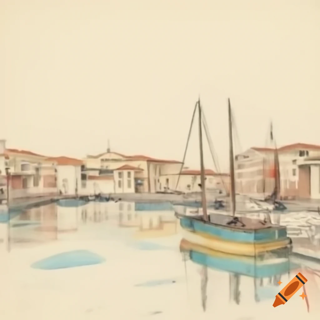 Colored sketch of Civita Vecchia harbor from the 1800s