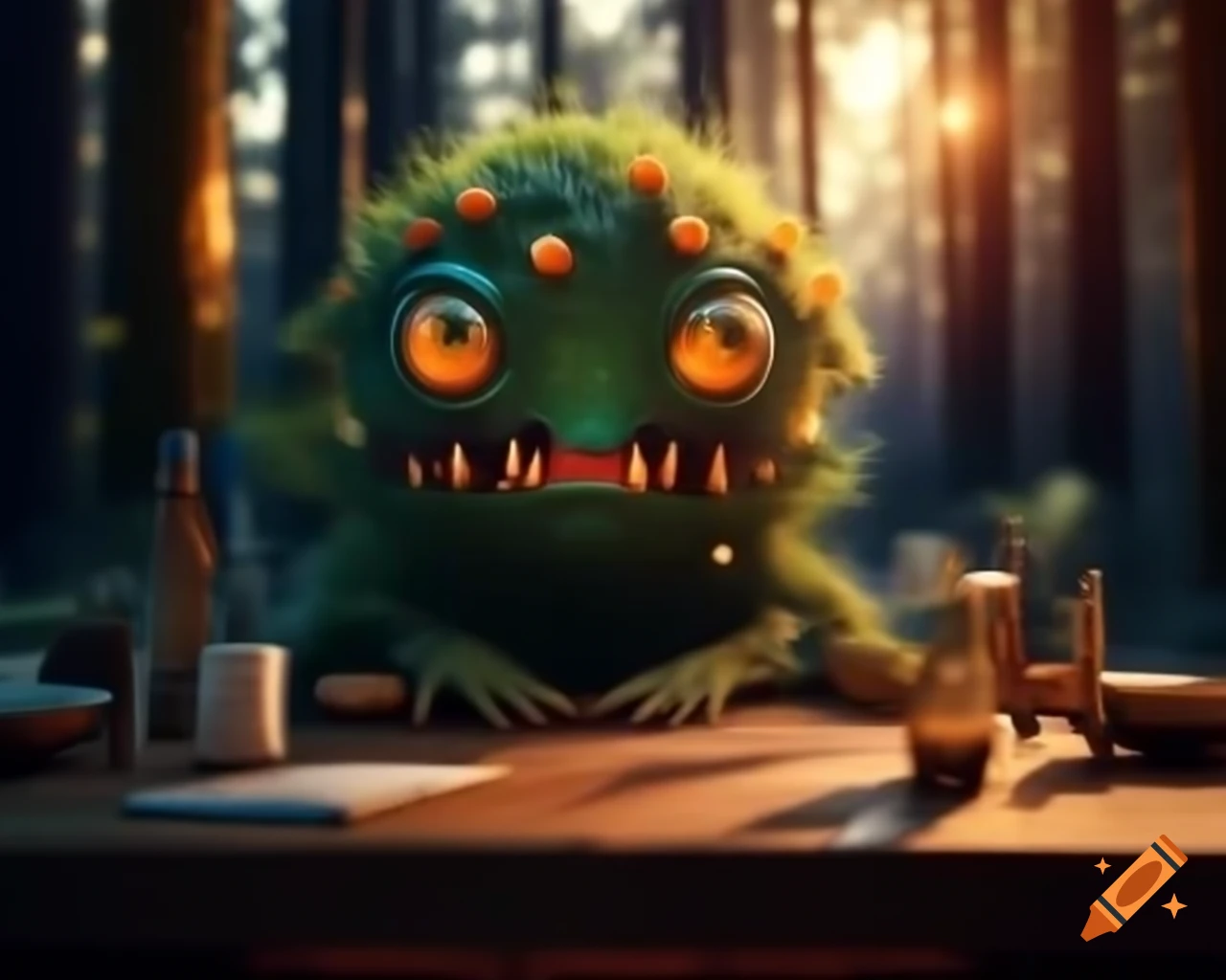 Hyper-realistic orange tree monster with human face in forest setting