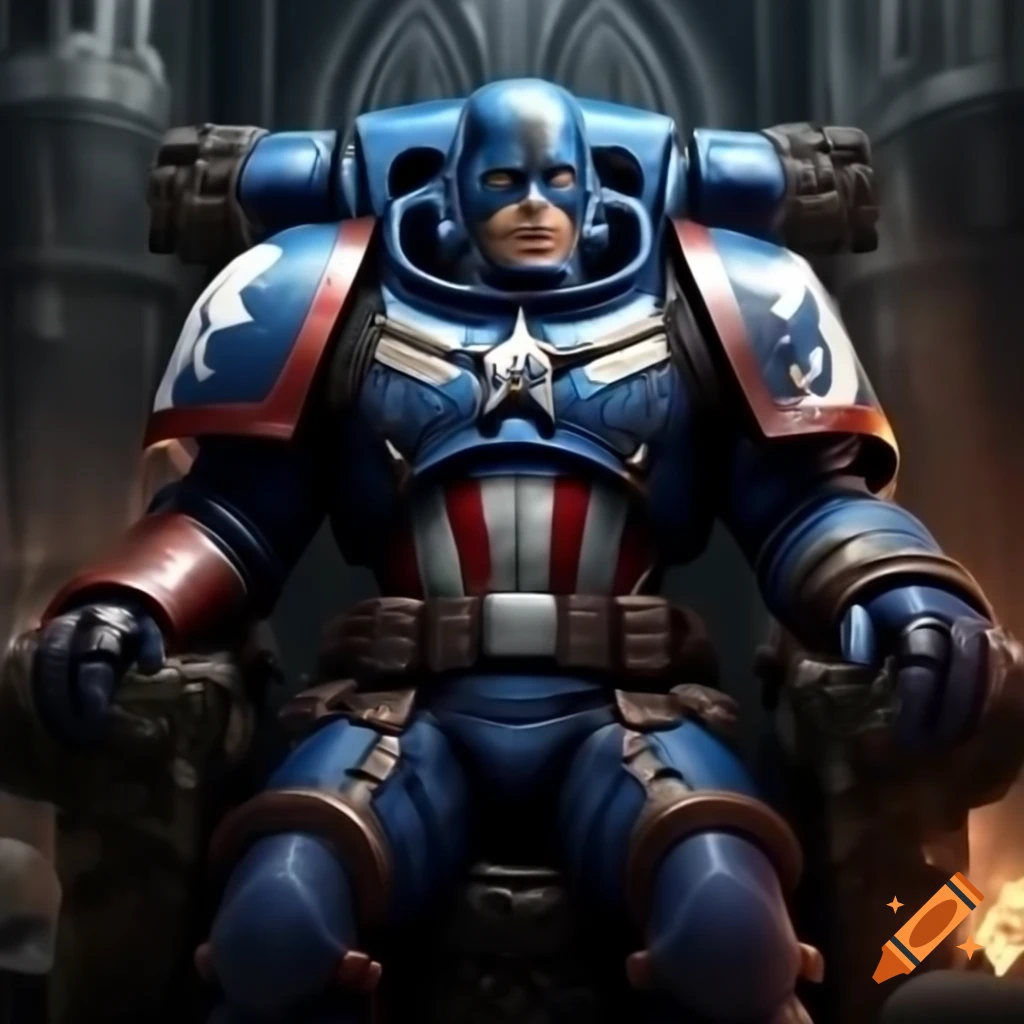 Captain America reimagined as Warhammer Space Marine in gothic throne room