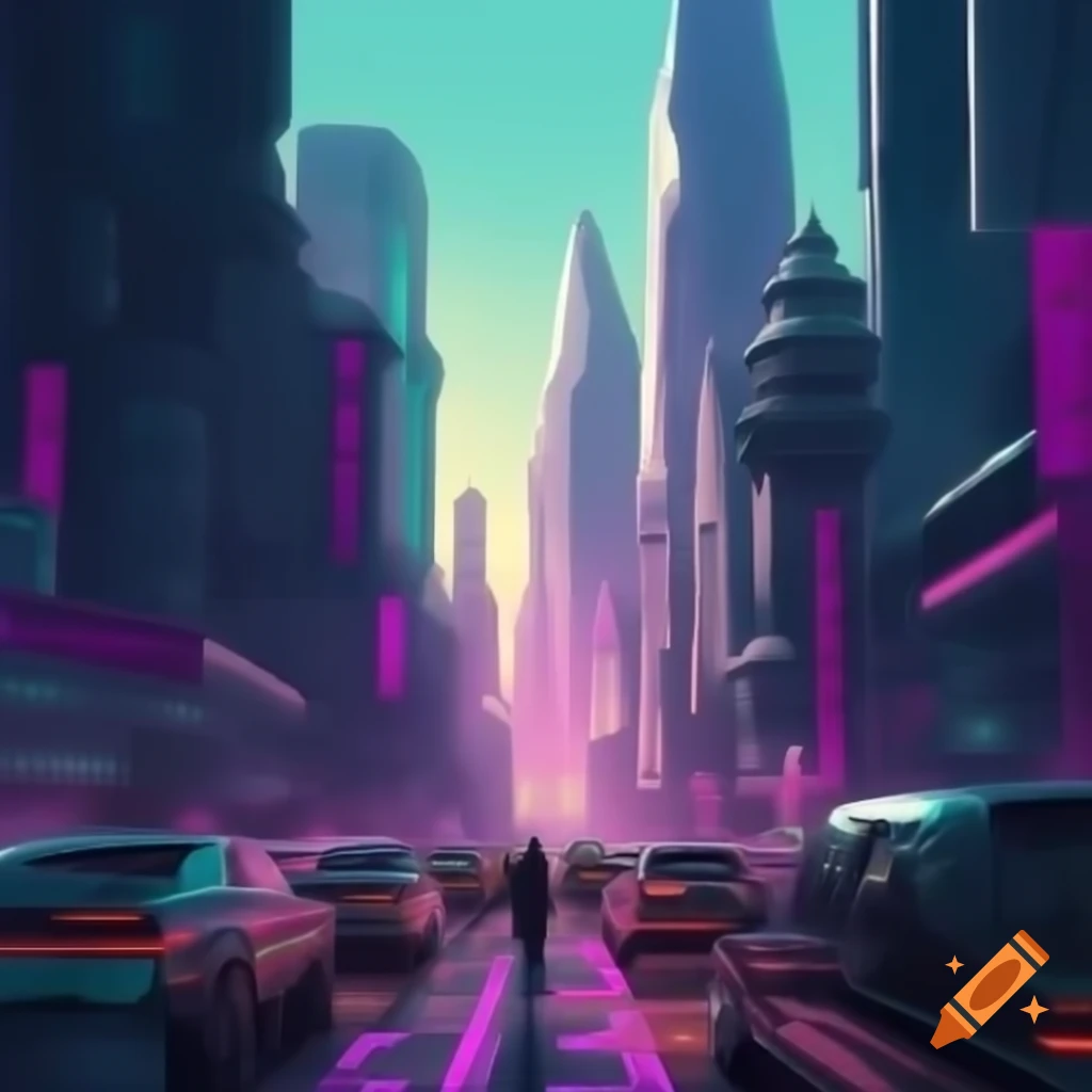 Art Deco inspired cyberpunk cityscape with angular skyscrapers and pastel sky