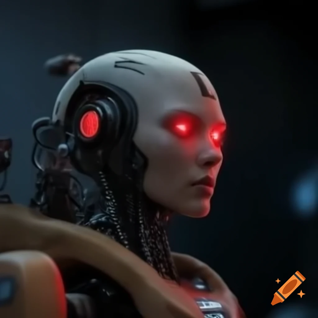 Robotic figure with red eyes and jet pack