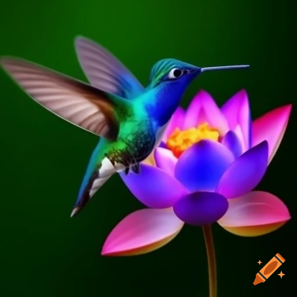 Hyper-realistic colibri with blue lotus colors and plant features