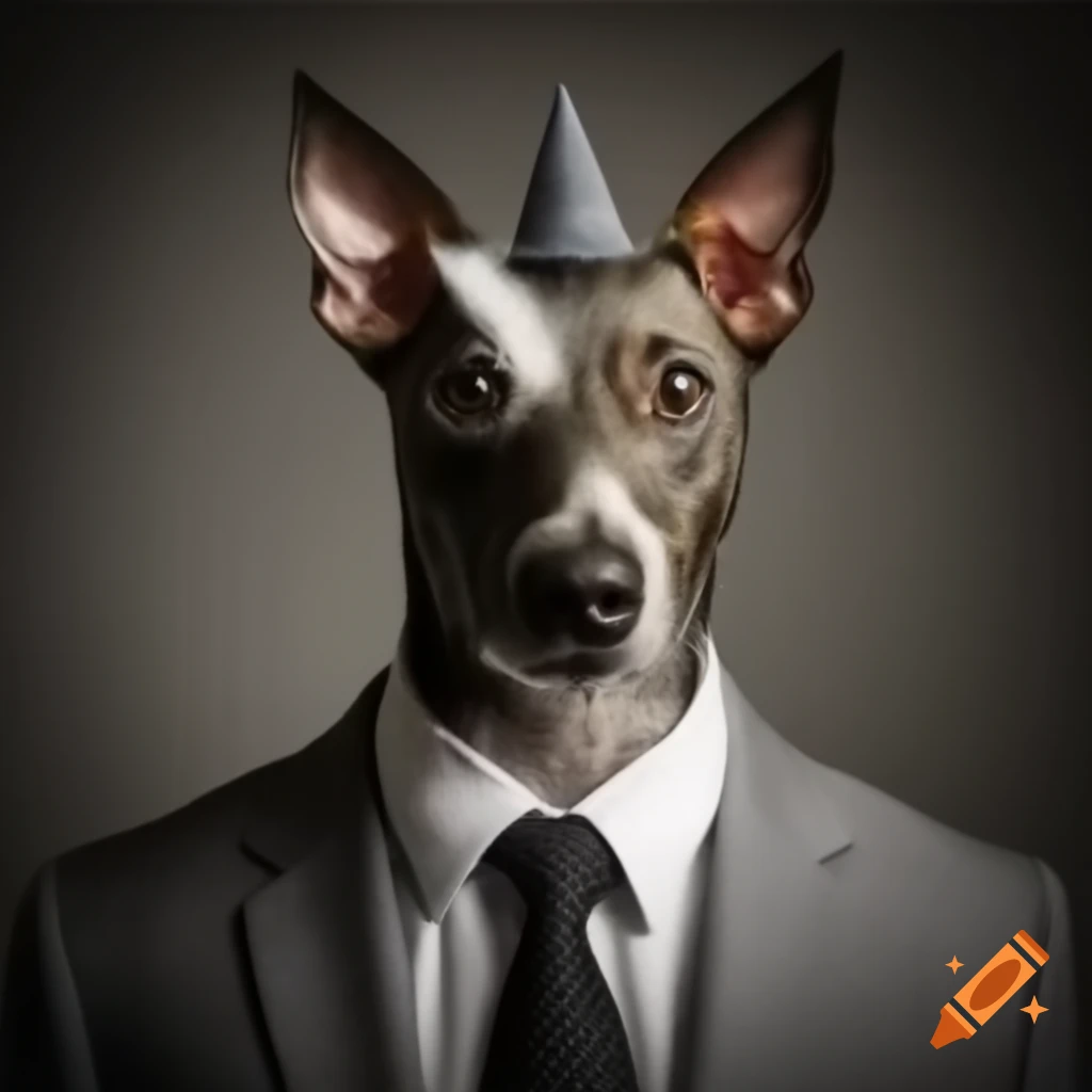 Rat terrier in grey suit and black tie with pointy ears