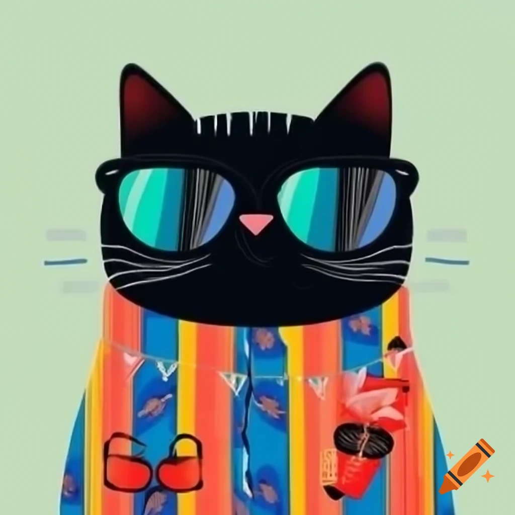 Cartoon art of black cat with pajamas stripes and sunglasses