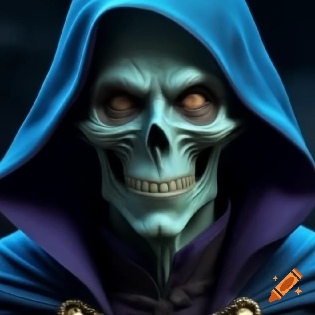 Blue and green magician character with face covered