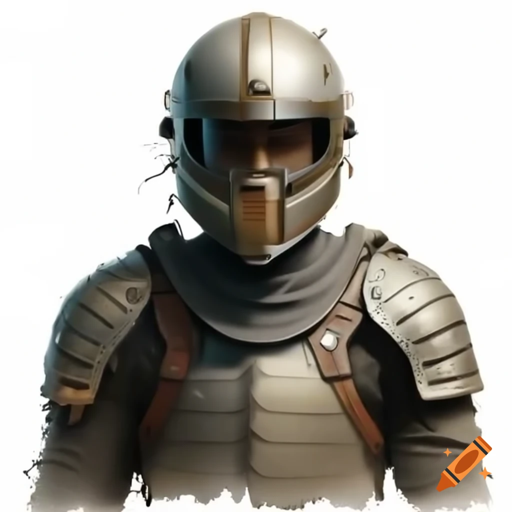 Man in slim metal plate armor wearing a motorcycle helmet