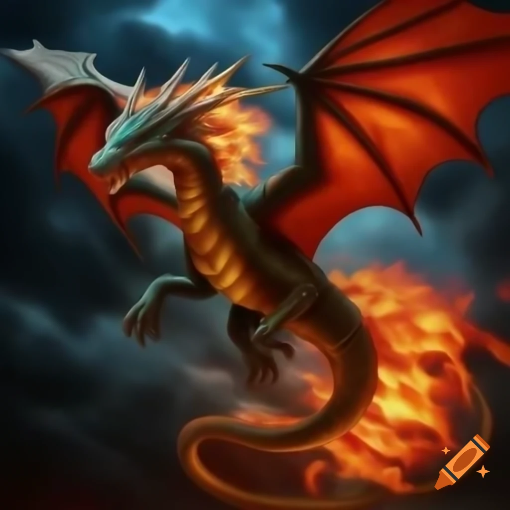 Psychedelic female dragon in flight with flames