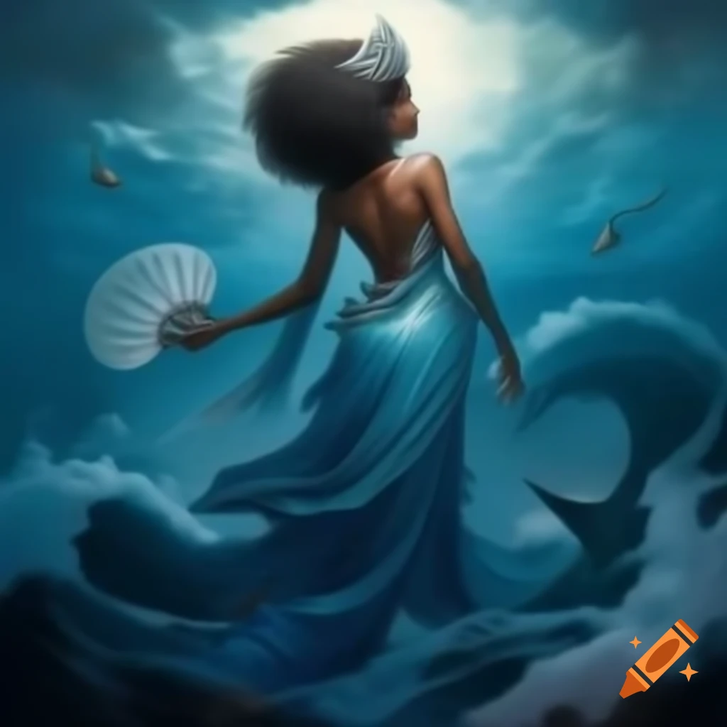 Majestic representation of Yemanjá, goddess of the sea with dark blue hair and Afro-descendant features