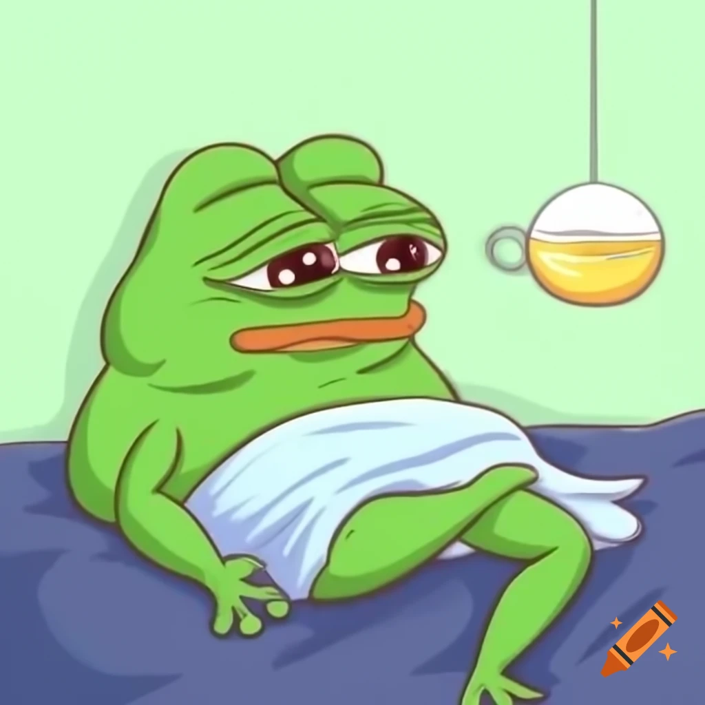 Grumpy frog in bed holding a cup of coffee