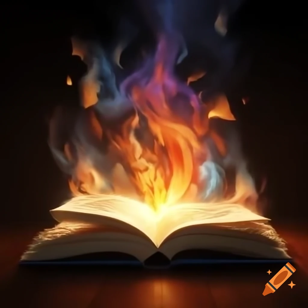 Reading lamp illuminating open book with colorful flames on pages