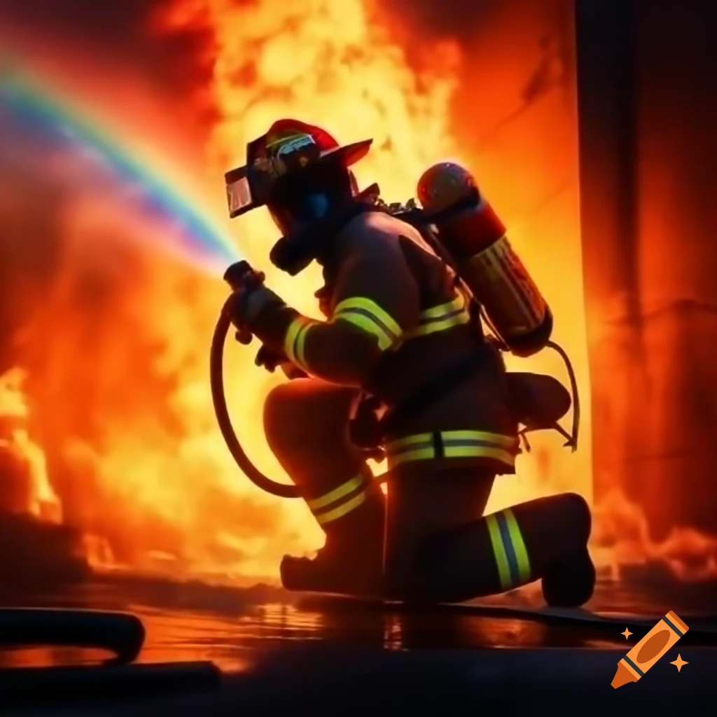 Firefighter spraying hose creating rainbow in front of flames