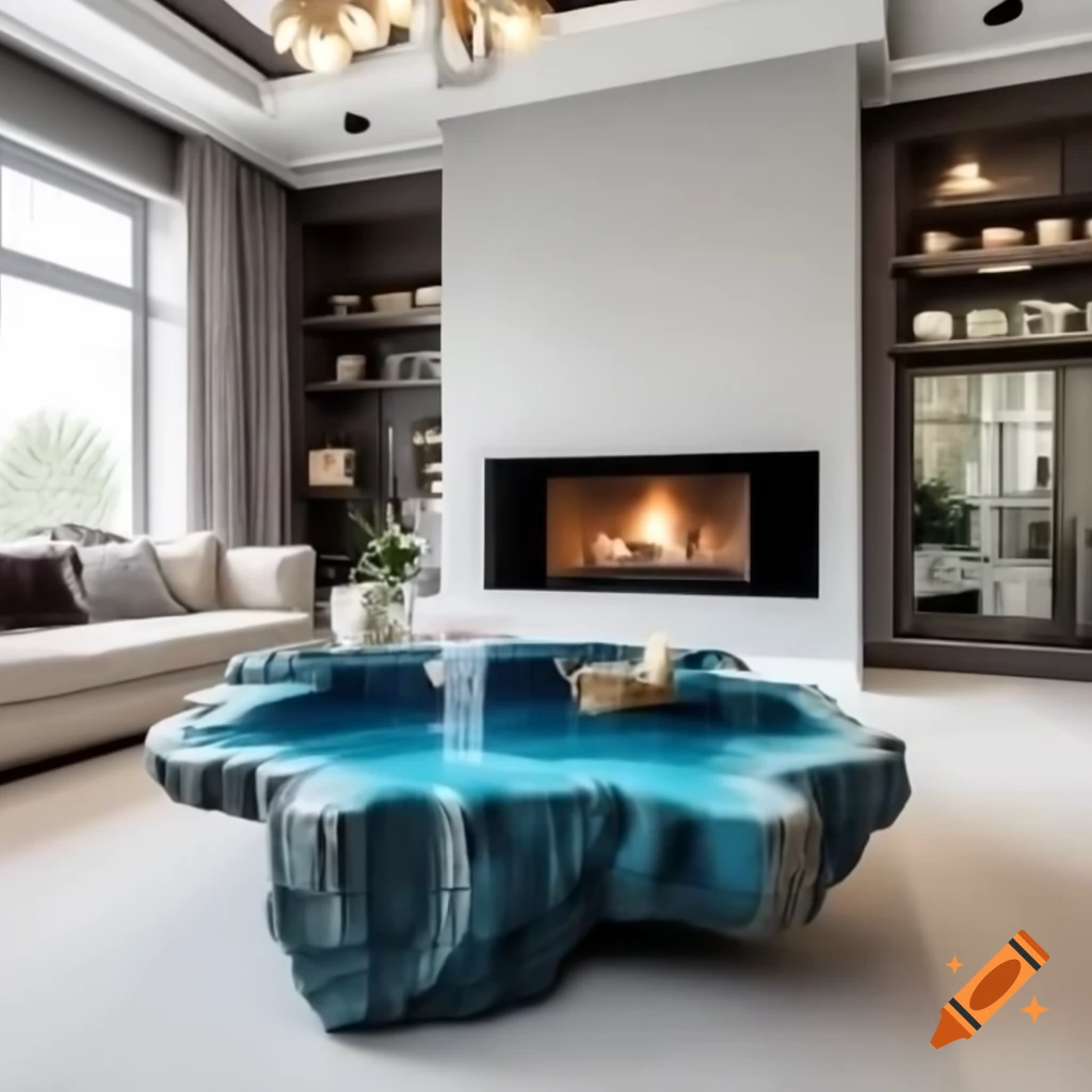 Teal blue resin geode coffee table in luxurious living room with fireplace