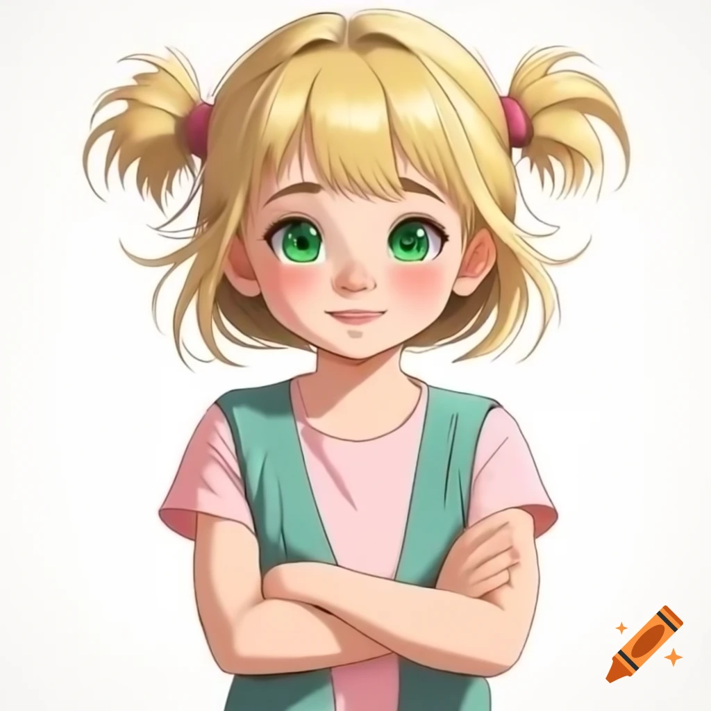Anime girl with blonde hair and green eyes in pink sleeveless t-shirt, arms crossed