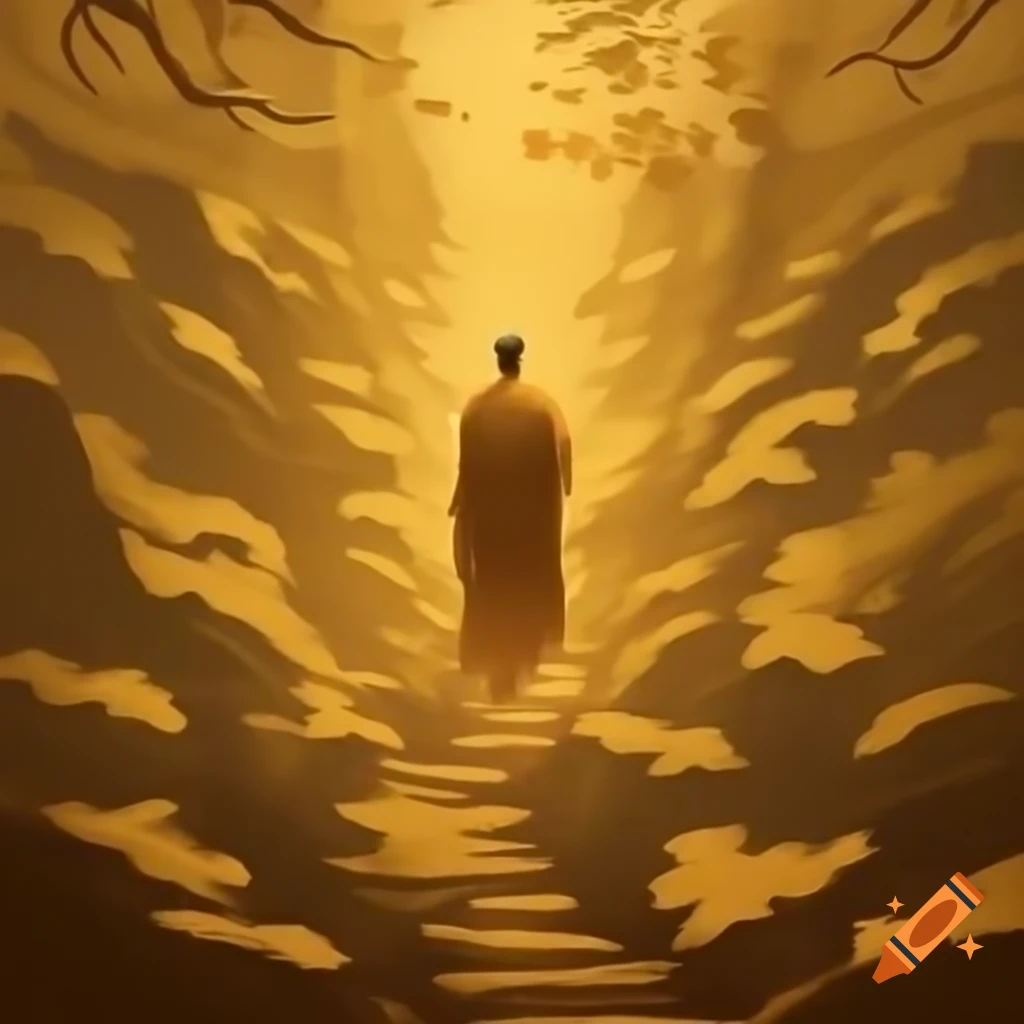 Ancient Chinese illustration of a monk meeting a spirit in the mountains