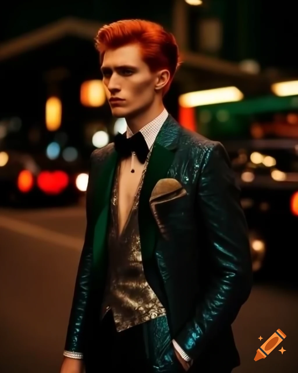 Stylish Caucasian man with red hair in formal suit on busy night city street