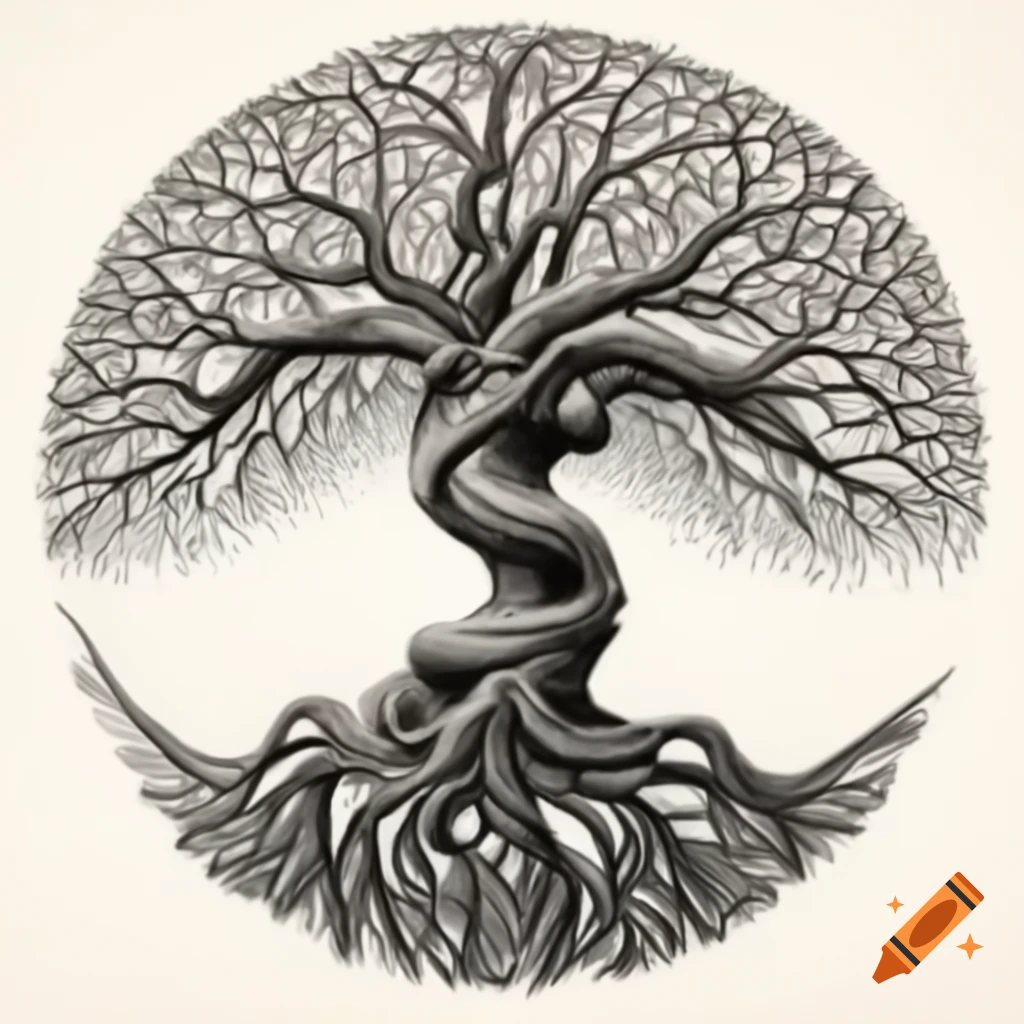 Intricate spiral ink drawing of a tree