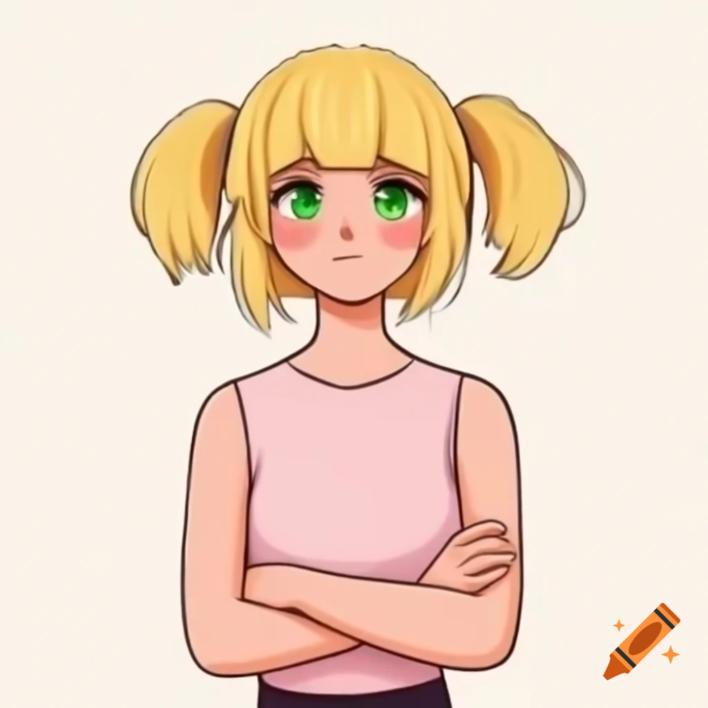 Anime girl with blonde hair and green eyes, wearing pink sleeveless t-shirt and crossed arms