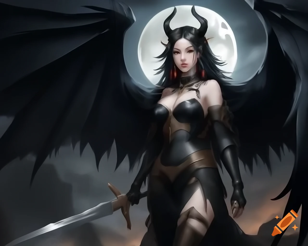 Gothic female vampire with wings and sword in front of full moon, fantasy art