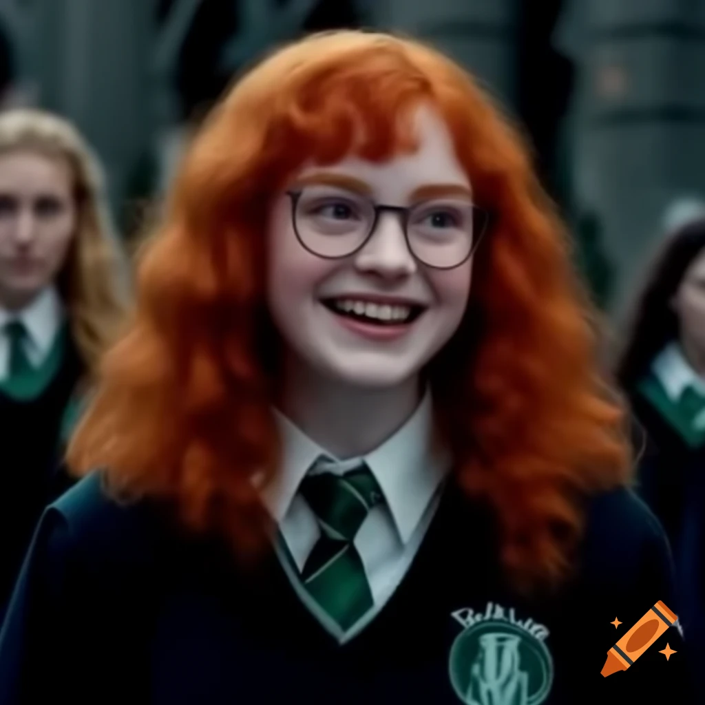 Slytherin student with red hair smiling during herbology class