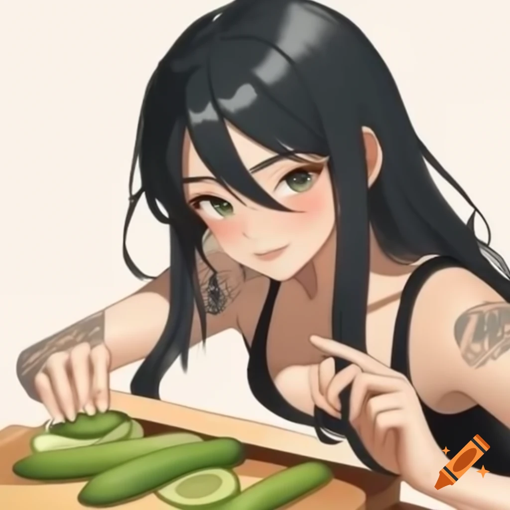 Caucasian woman with long black hair playing board game featuring cucumbers, tattooed arm