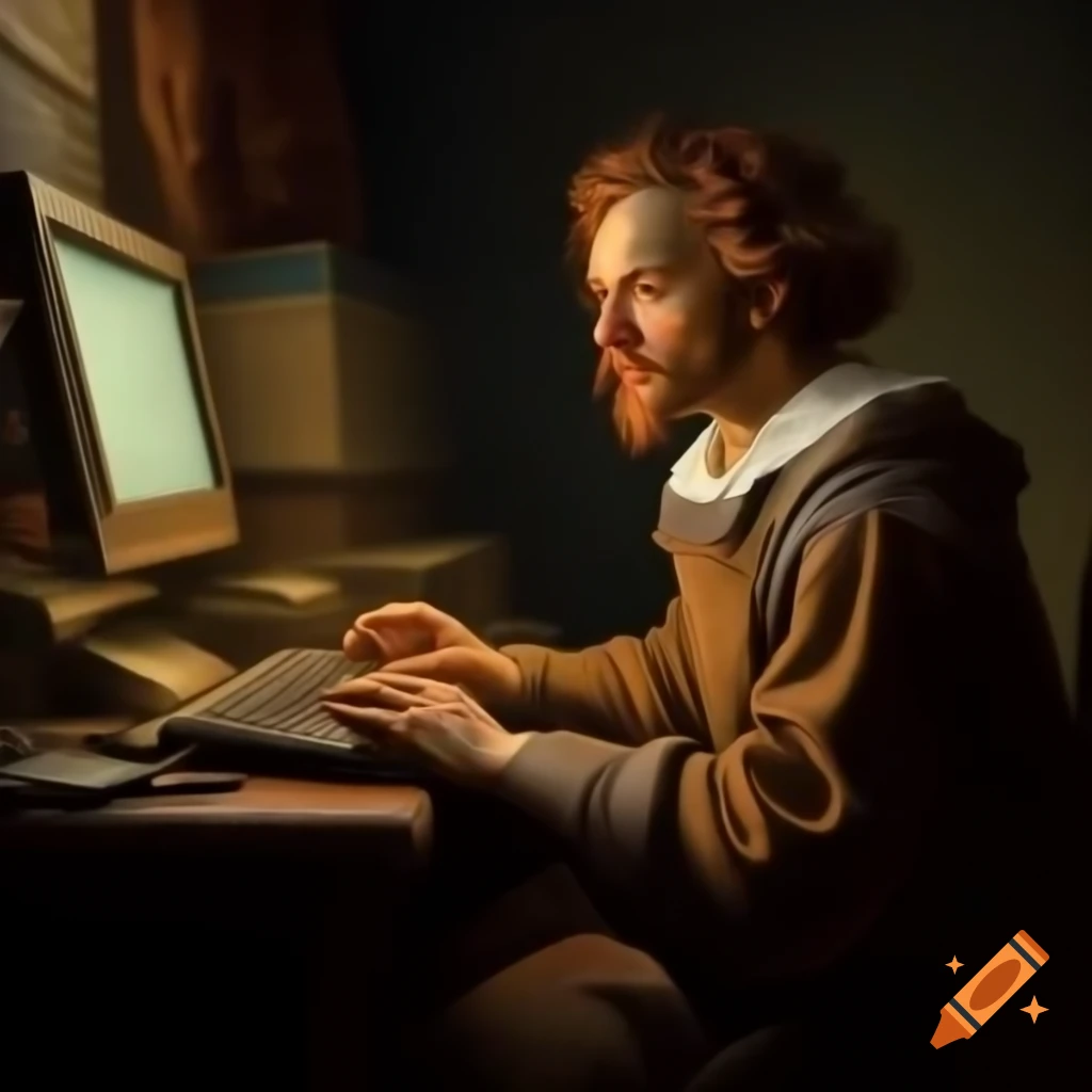 Rembrandt-style painting of a man at a desktop computer