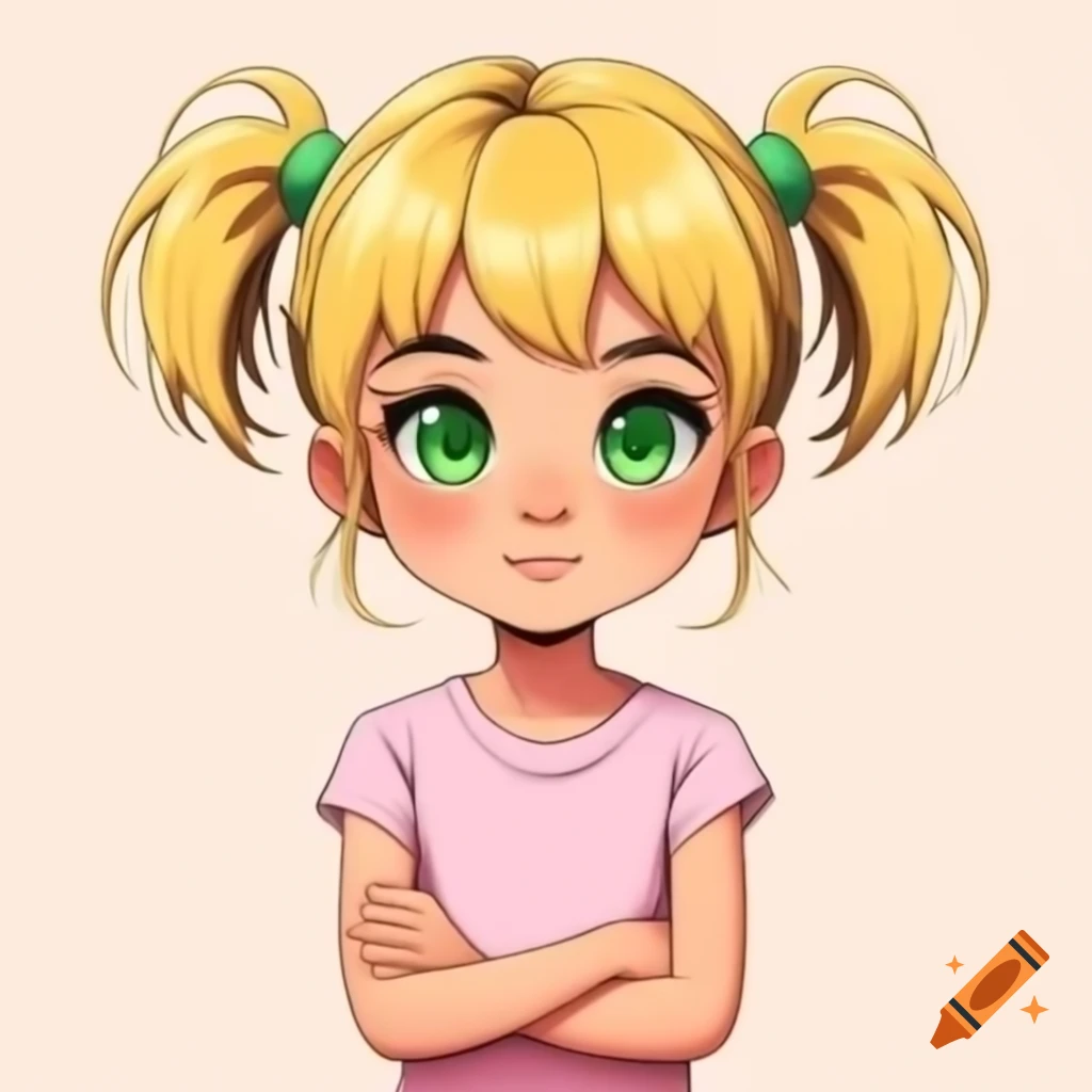 Anime girl with blonde hair and green eyes, arms crossed in light pink t-shirt