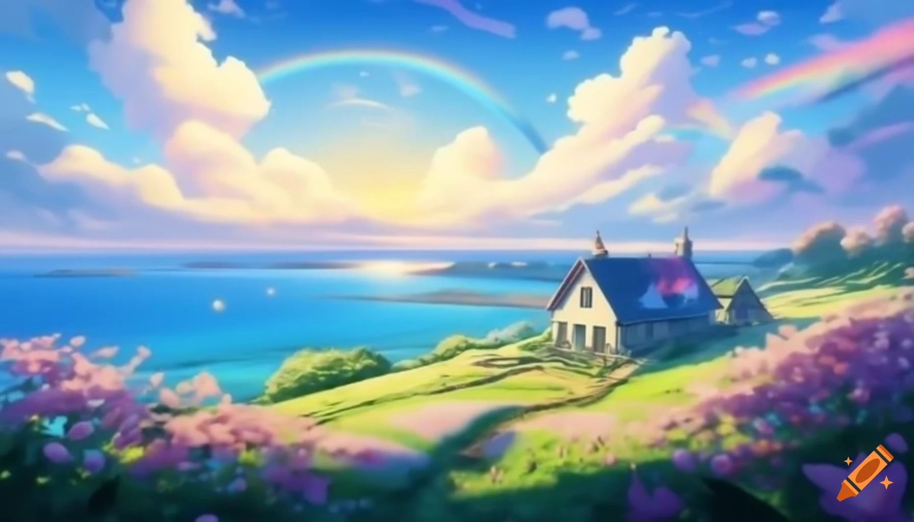 Quaint farmhouse surrounded by colorful flowers and rainbow