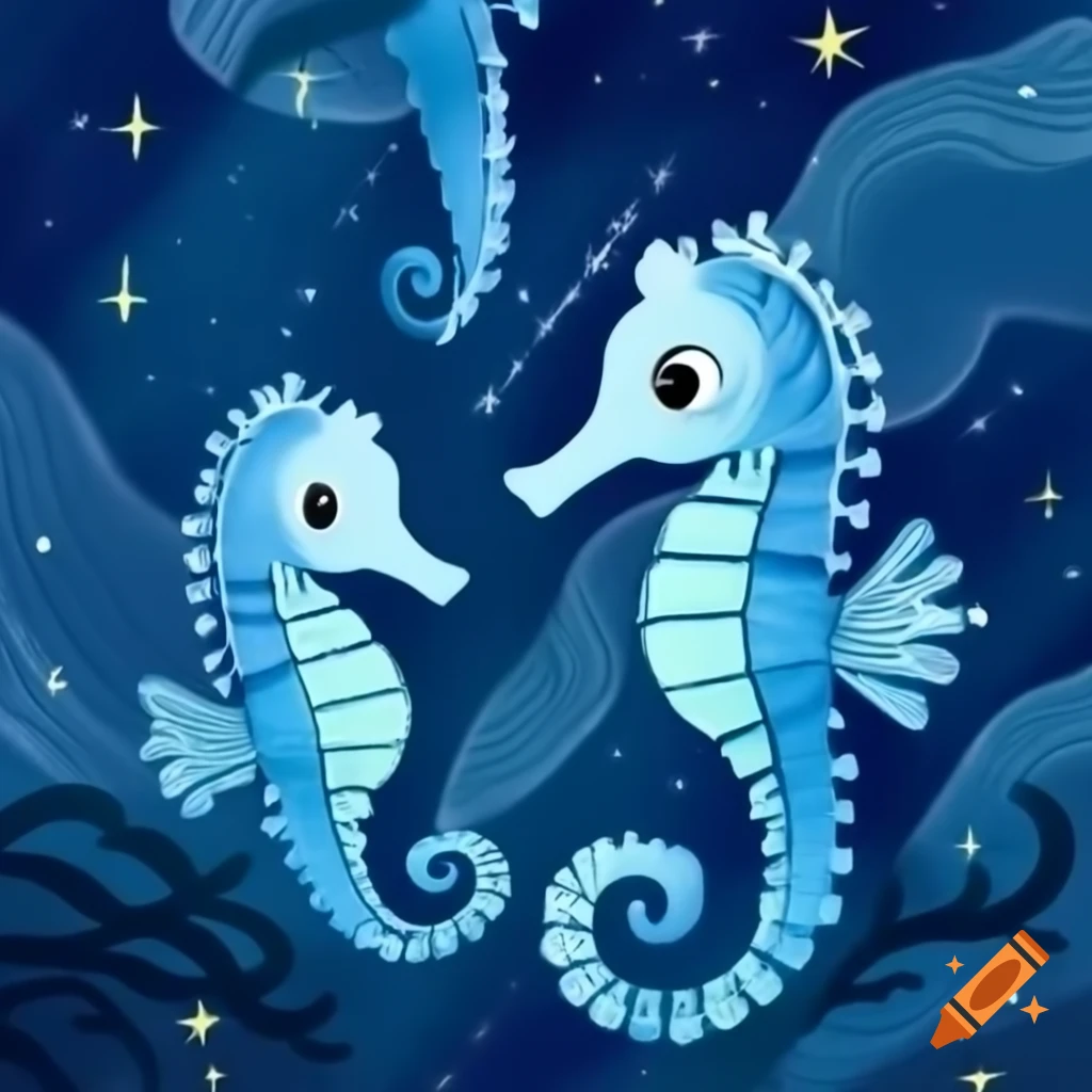 Cute seahorses swimming in a starry dreamscape