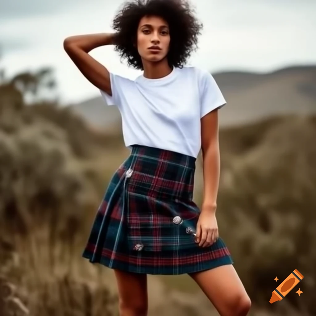 Female model in Victory Utility Kilt and white t-shirt posing confidently in nature