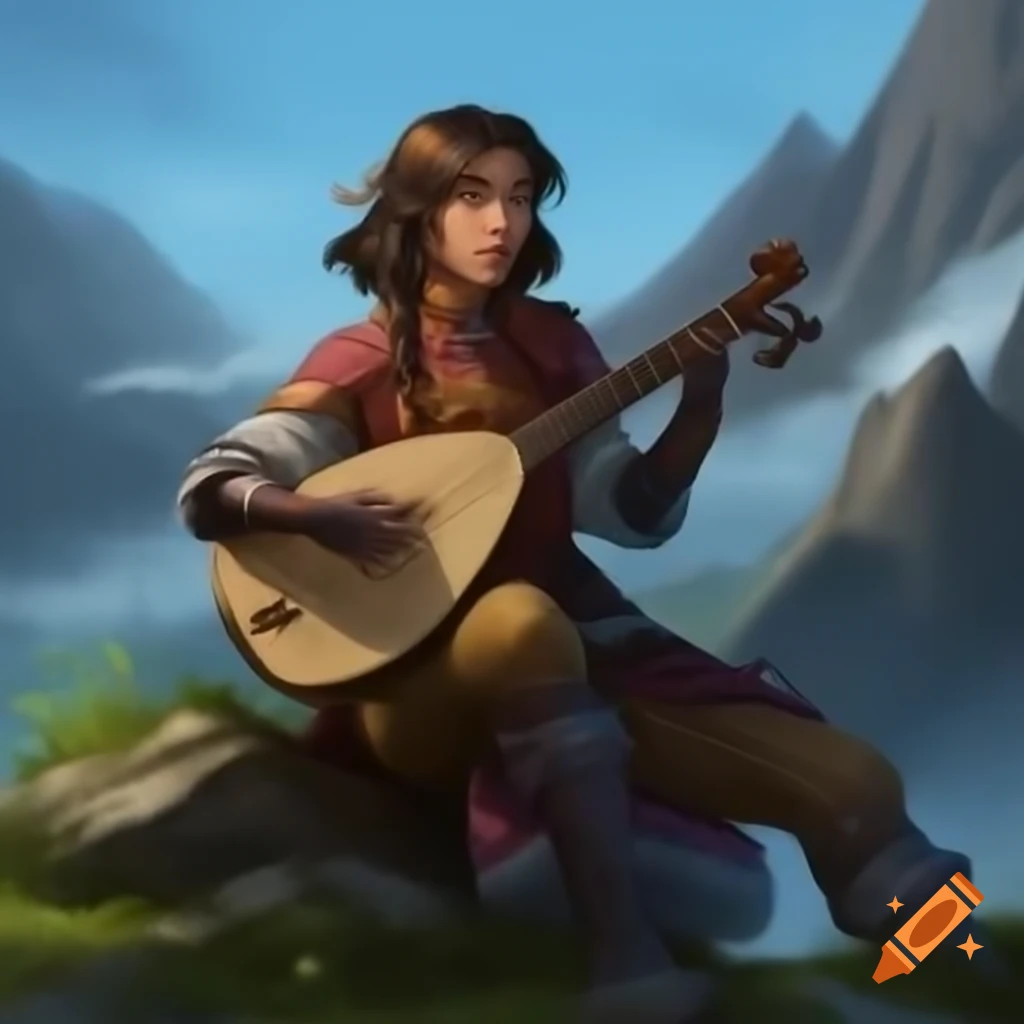 Female bard playing lute in mountainous landscape